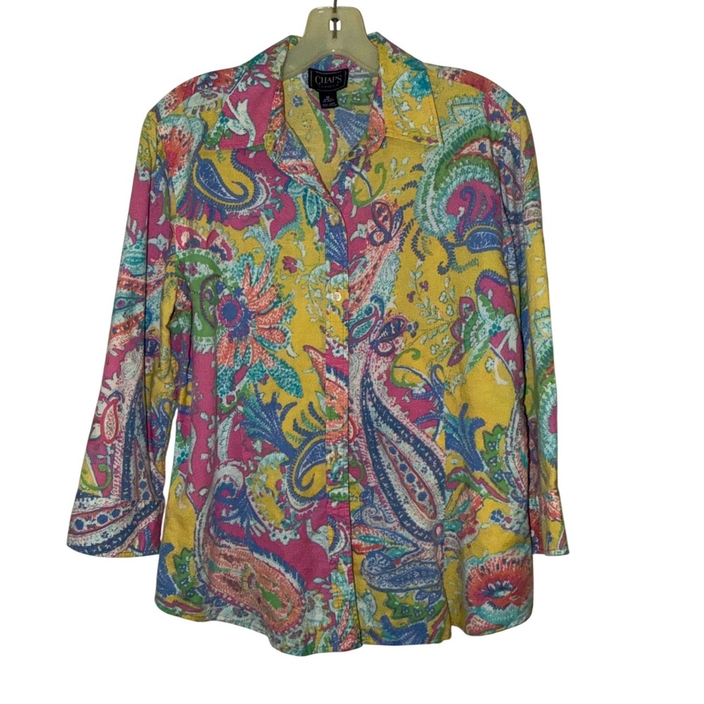 Chaps Classics Womens Medium Linen Cotton Paisley Button Up Shirt Yellow Pink